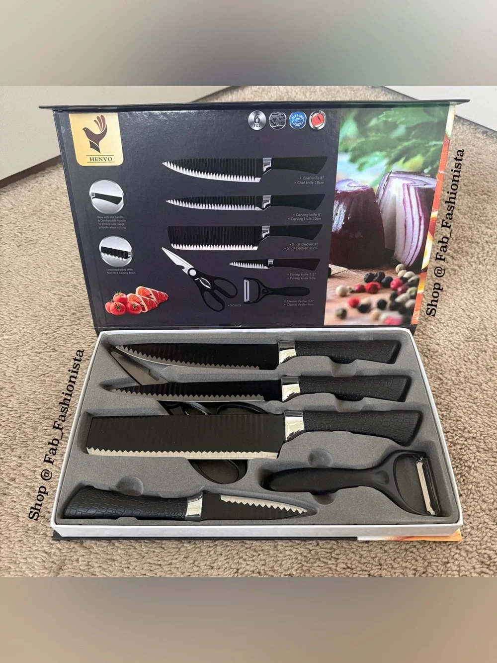 Black Serrated Knife Set with Peeler and Scissors
